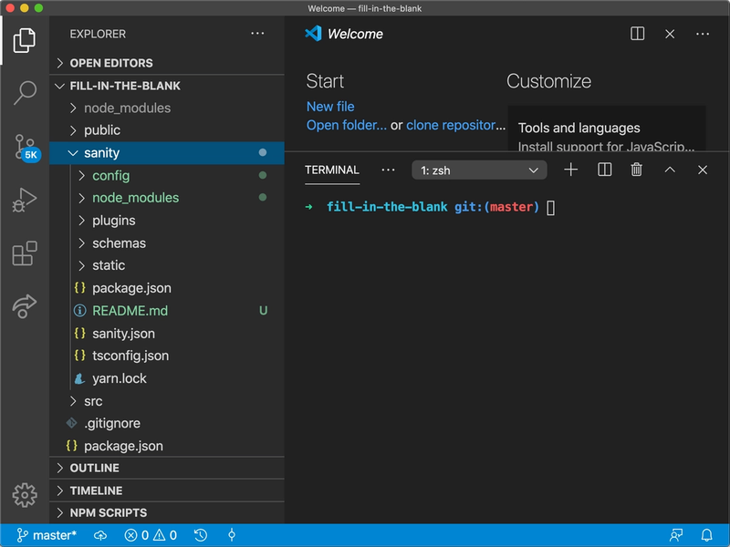 Screenshot of VSCode after sanity init