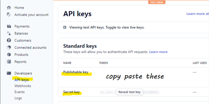 Stripe makes it easy to grab our API keys from their dashboard.