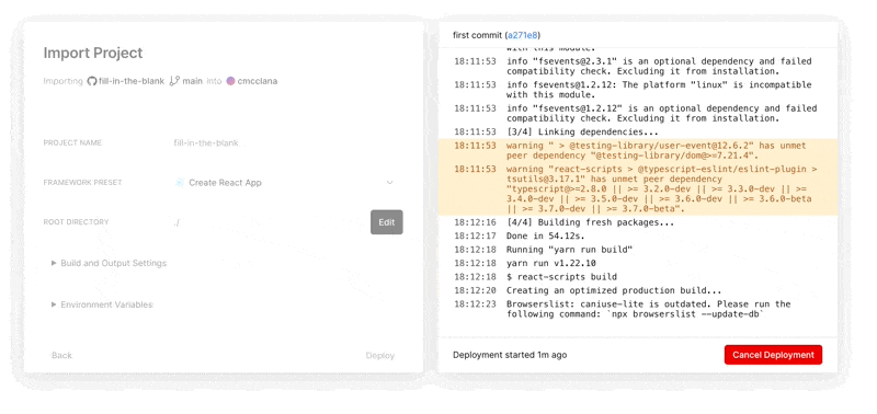 GIF of deploy from Vercel