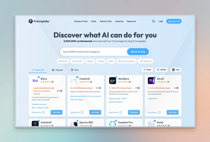 A screenshot of the homepage with some of the top rated AI tools in little helpful cards