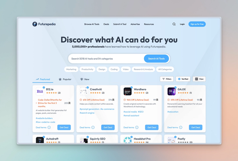 A screenshot of the homepage with some of the top rated AI tools in little helpful cards