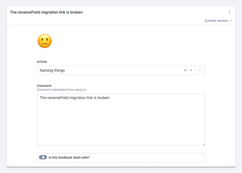 A screenshot from a feedback document showing a frowning emoji, an article reference field, a comment text area, and a "Is this feedback dealt with?" boolean.