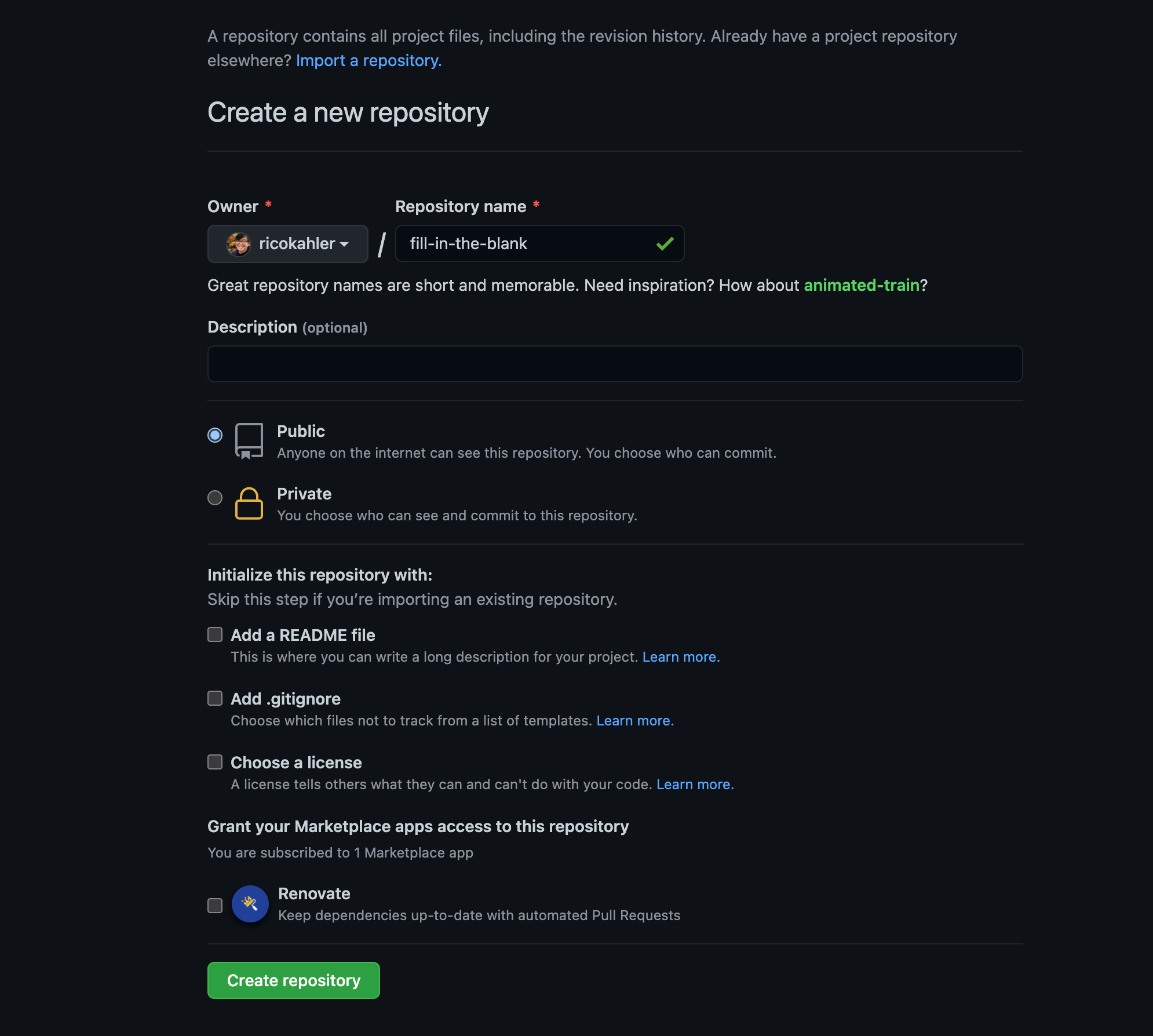 Screenshot of the GitHub create repository UI. Select "public" and leave the rest of the options blank.