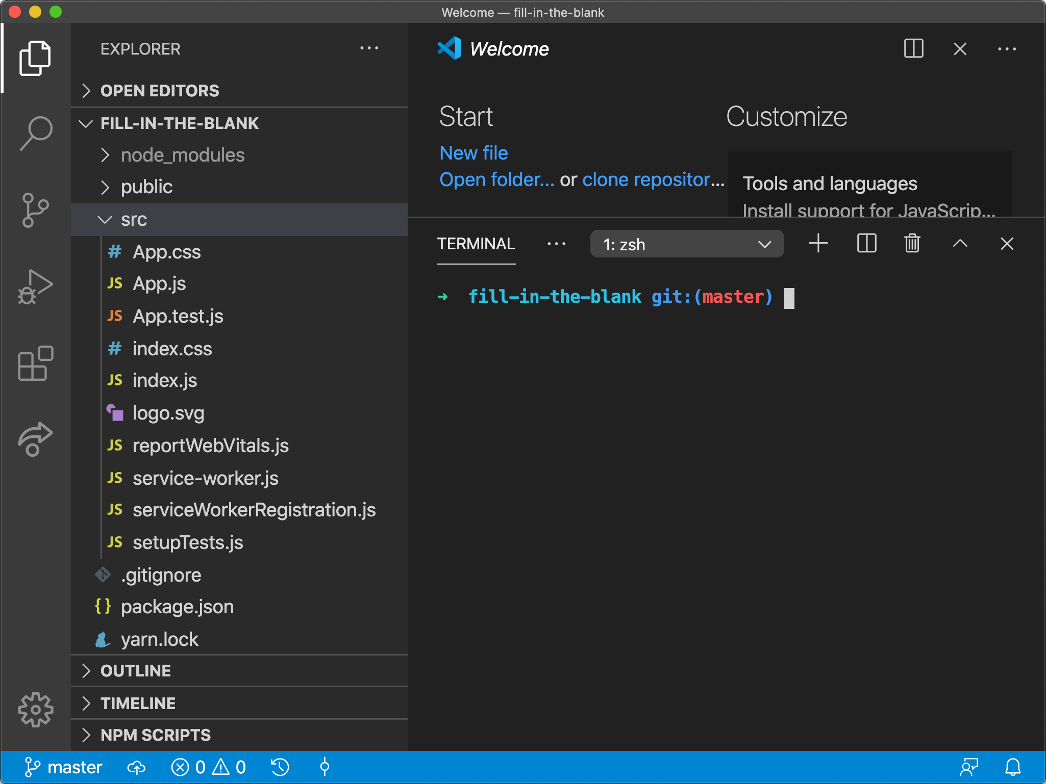 Screenshot of editor after create-react-app install