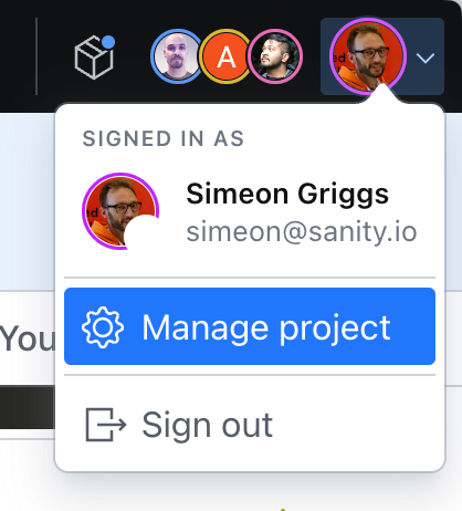 A navigation menu with "Manage project" highlighted