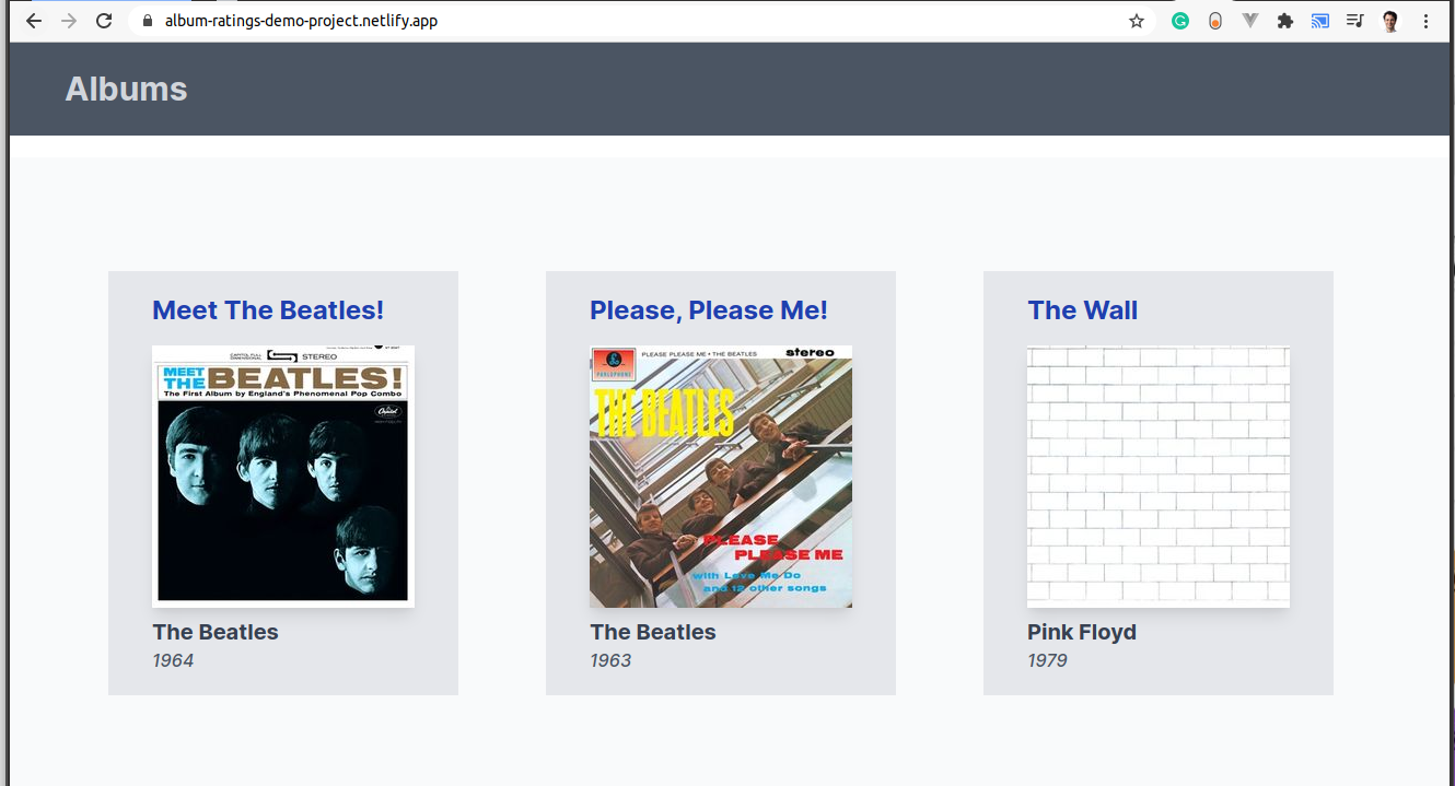Screen shot of the single page application home screen showing a list of albums
