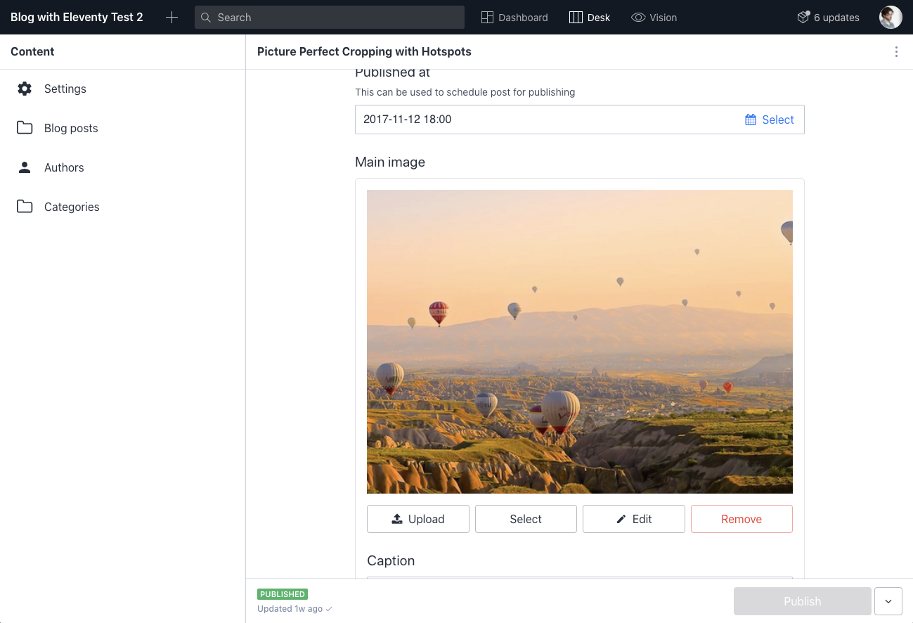 Blog post editing screen with Main Image