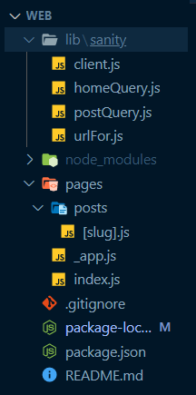 In the pages folder we have our home page and our blog posts. The lib folder holds our Sanity info.