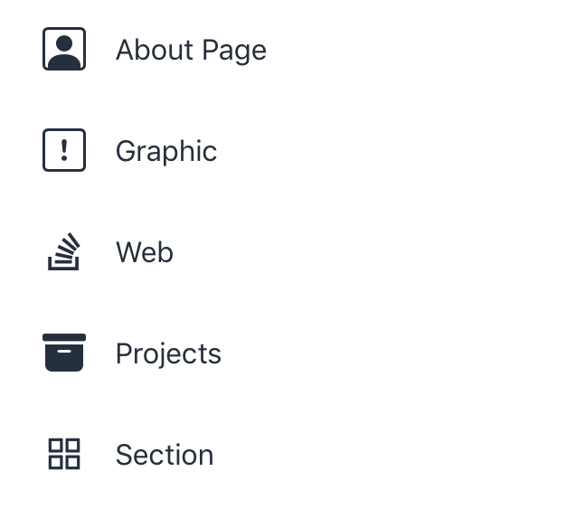 Sanity studio layout with sections for my about page, individual project pieces, and section.