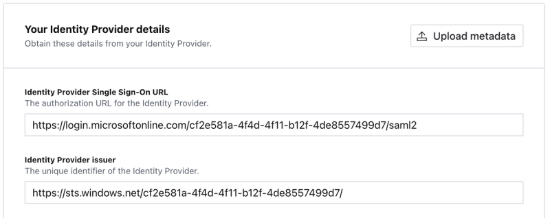 In Your Identity Provider details, set the Azure URLs for login, auth, and logout.