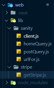 Stripe and Sanity both get their own folders in our lib directory for maximum organization.