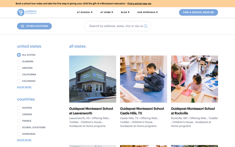 On the location search page, parents can filter by region and program.