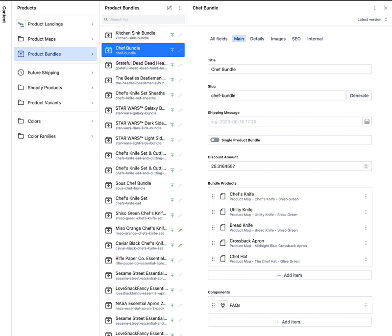 Product bundling content type, allows you to reference products and set a discount amount, discount amount is applied with a shopify plus script, all products are added to cart together and grouped in the UI for a better experience