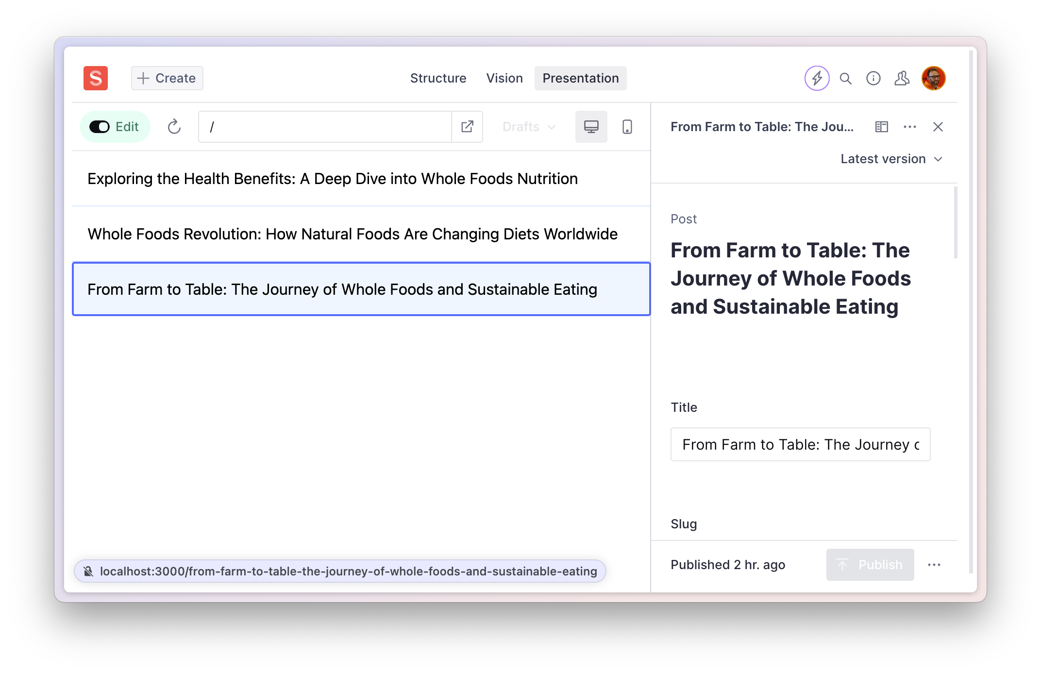 Presentation tool showing a list of blog posts