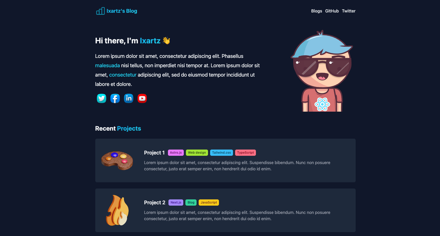 Developer portfolio template showcasing a person wearing sunglasses and a hat on the web page.	