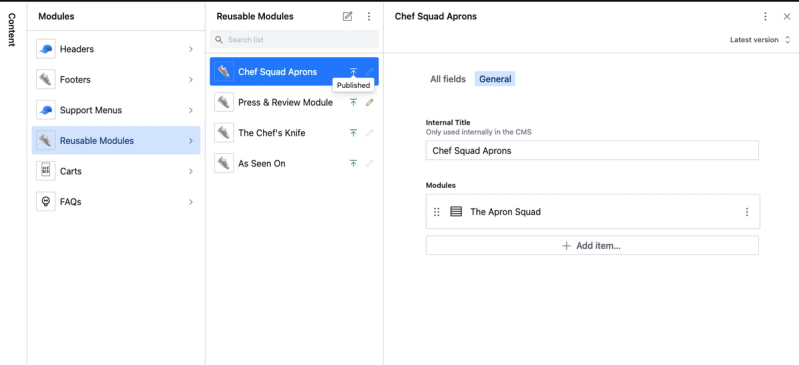 Module area for more global configurations including the resuable modules, these can be referenced inside of a reusable module page component allow for easily assocating the same content even in a modular reference across the system