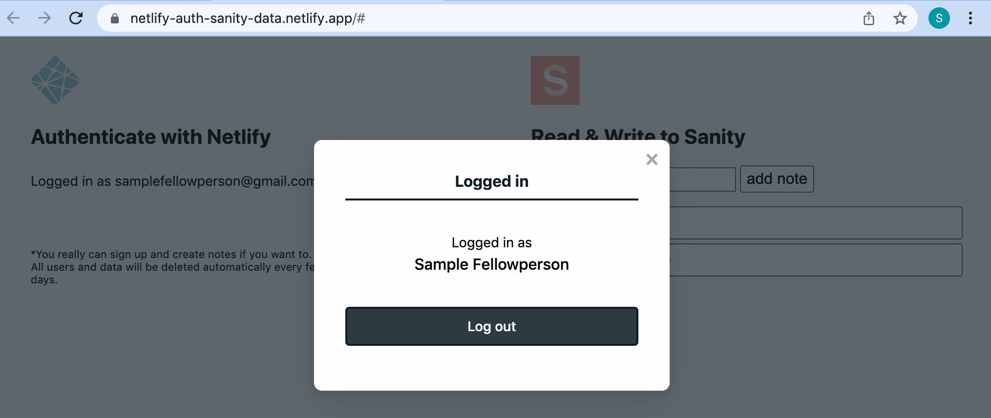 screenshot of login confirmation screen