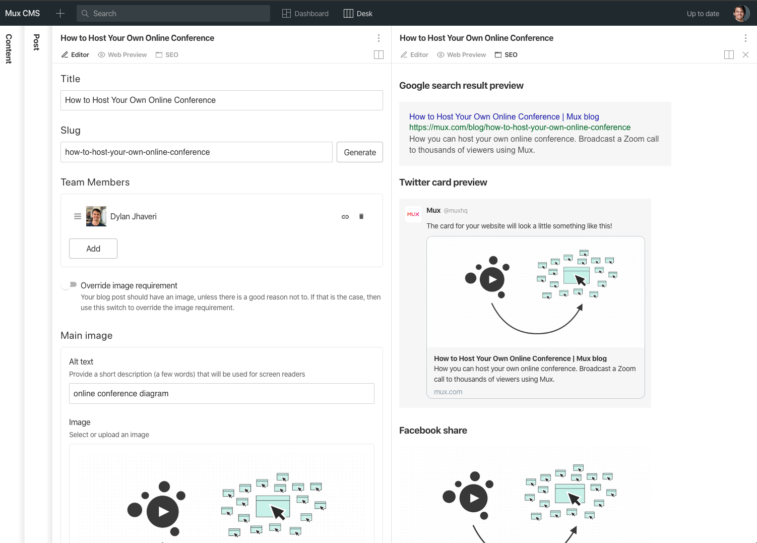 SEO and SERP preview in the Mux studio