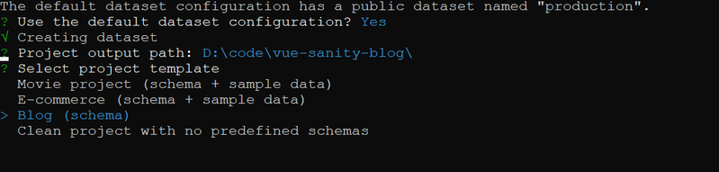 Terminal view of creating a Sanity project