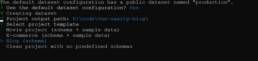 Terminal view of creating a Sanity project