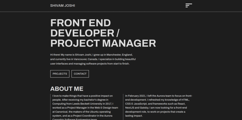 Homepage of the portfolio website