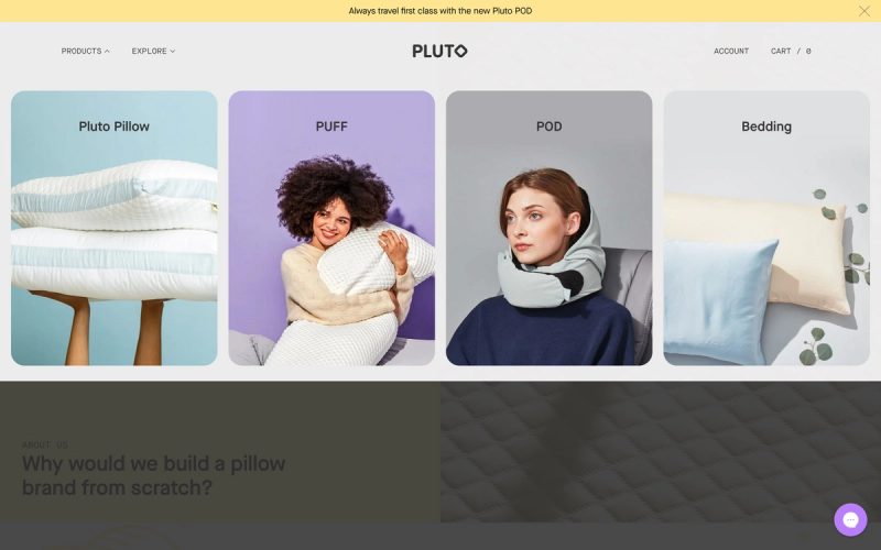 Pluto Pillow site navigation