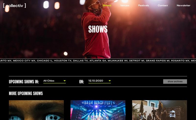 VIew of the "Shows" page