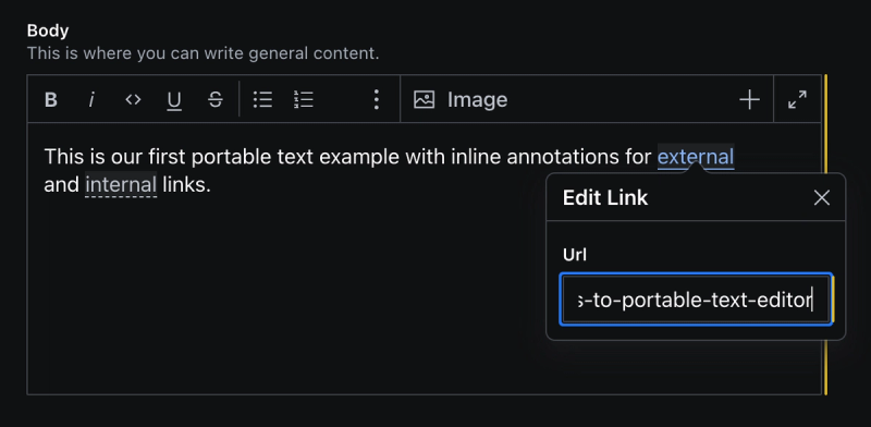 Screenshot showing a pte. The edit modal for an external link annotation is opened, which exposes the url field defined in the schema