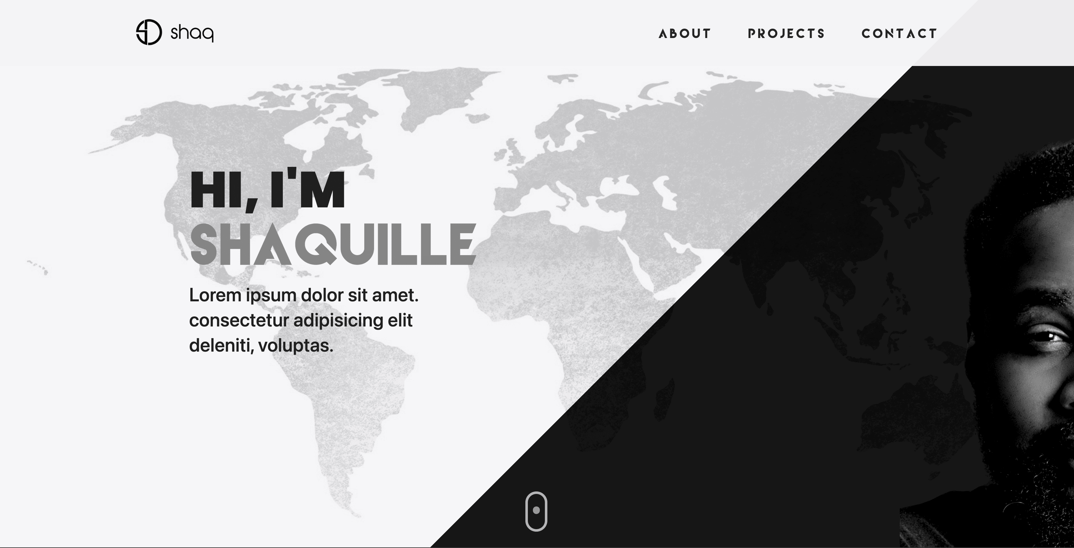 A developer with a beard showcased in a black and white photo for a portfolio template.