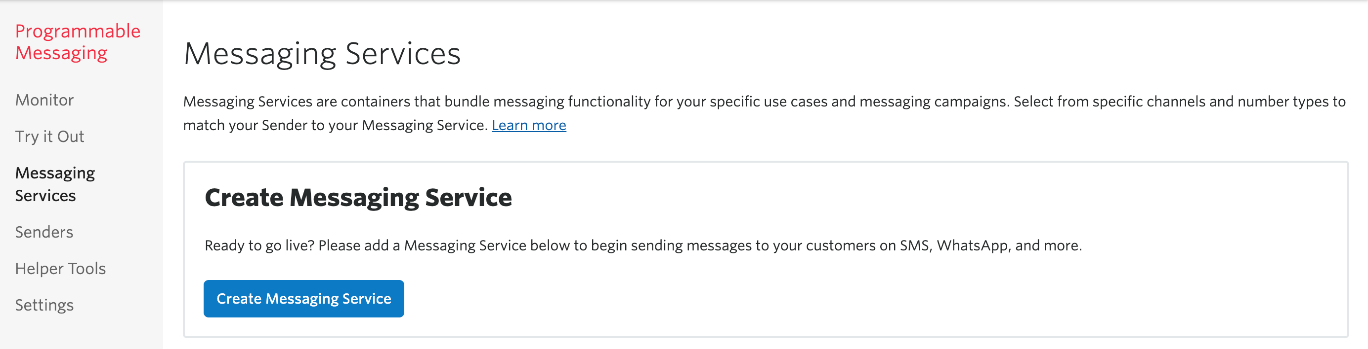 Twilio console with 'Messaging Services' selected