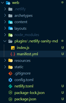 A VSCode folder structure containing a netlify.toml file in the root and the folders plugins and netlify-sanity-md, with an index.js and manifest.yml inside.