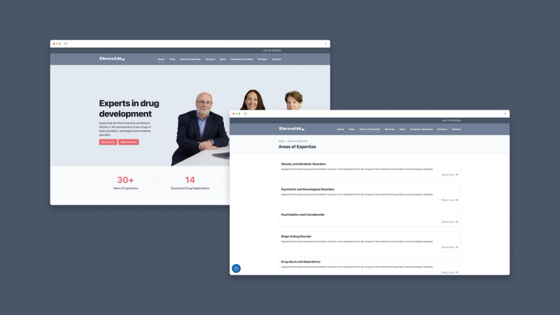 Two screenshots of the DevelRx website - Homepage & News