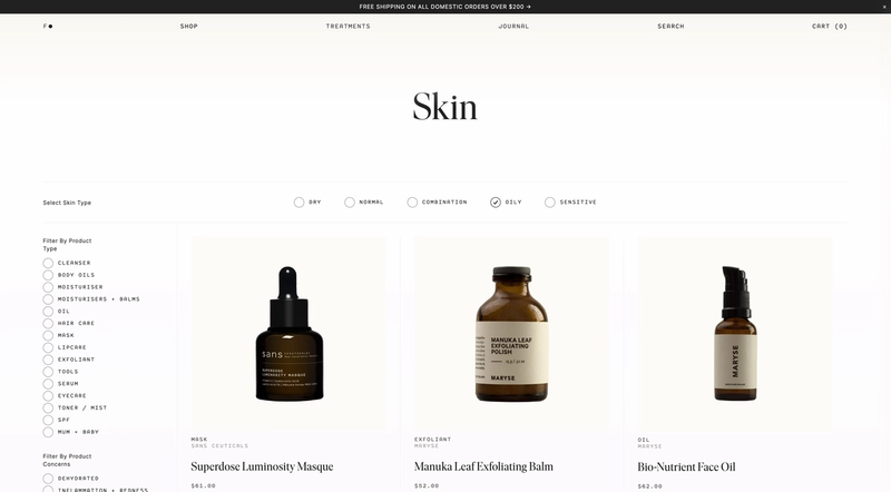 Collection Landing Page. Products have arrays of product types, associated,  skin types, & skin concerns. Users are able to filter products by these options