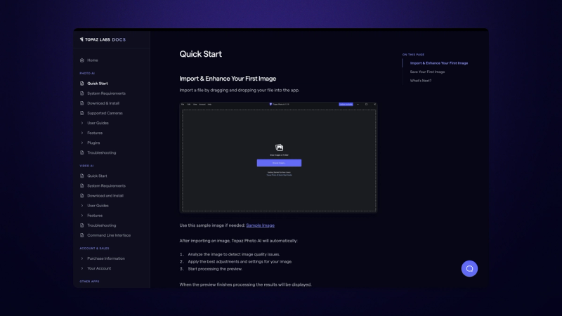 A mockup of the Topaz Labs quick start page