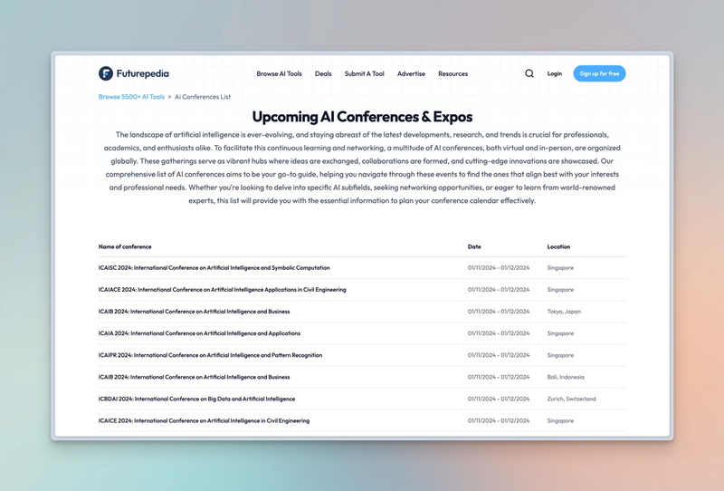 A screenshot of all upcoming AI conferences on the Futurepedia website