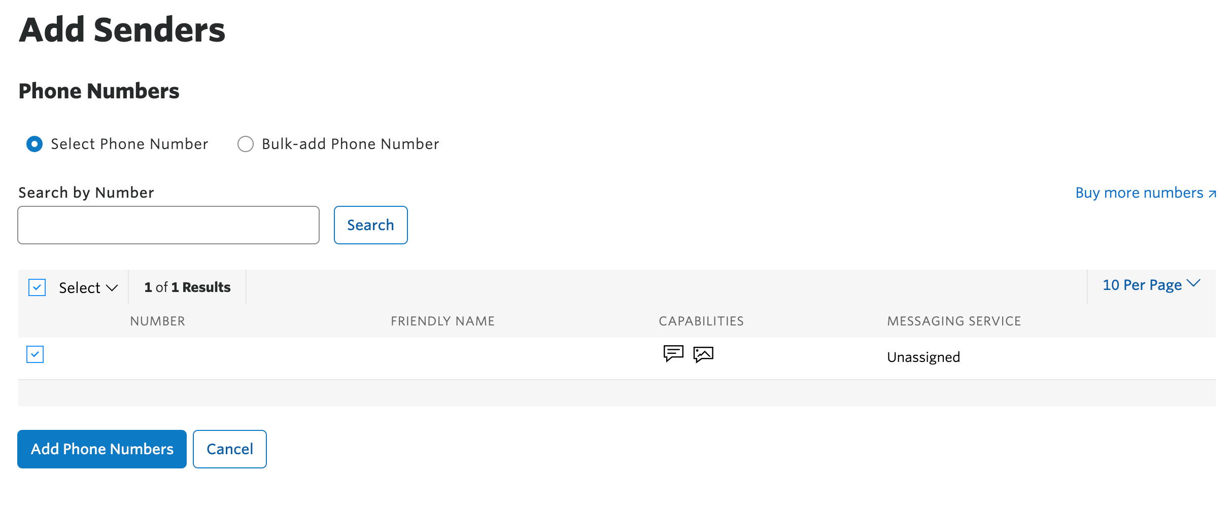 Form to add sender phone number