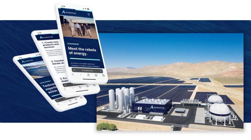 Three pages from the Avantus website pictured on iPhones beside a photo of a solar energy station from the site, all on top of a blue color block.