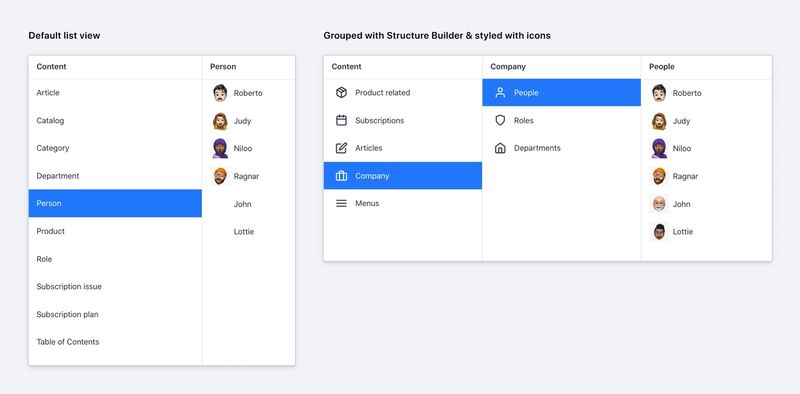 Before and after applying changes with Structure Builder. 