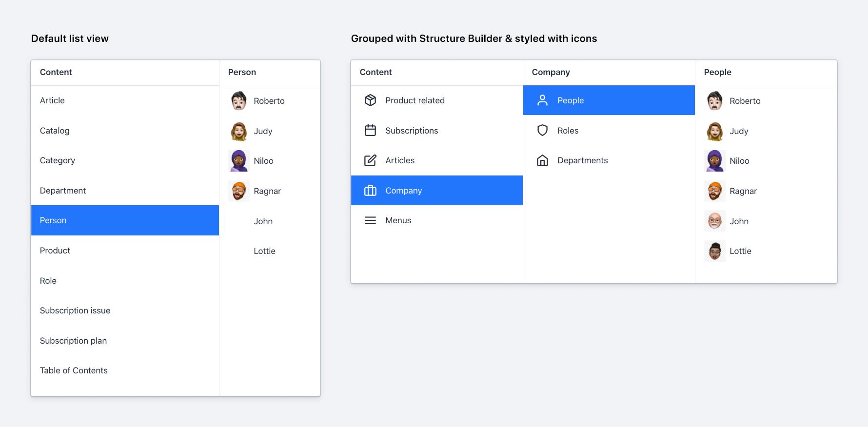 Before and after applying changes with Structure Builder.