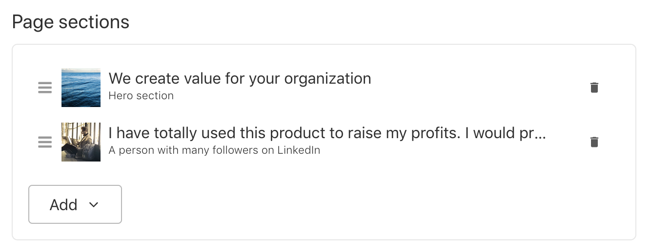 Page sections builder with a Hero section and a testimonial example