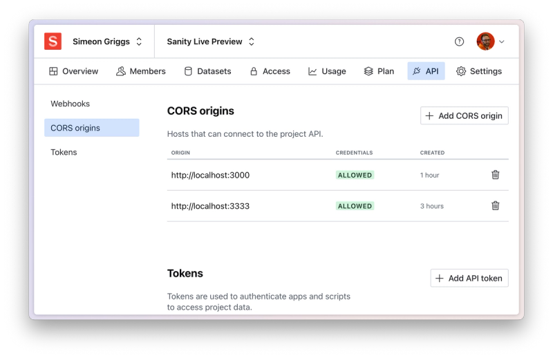 Add a new CORS origin for everywhere Sanity content will be queried with authentication