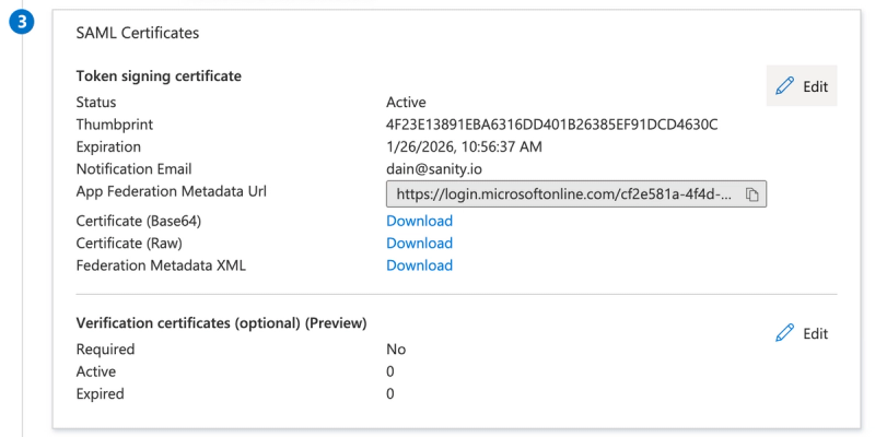   Click Edit in SAML Certificates.
