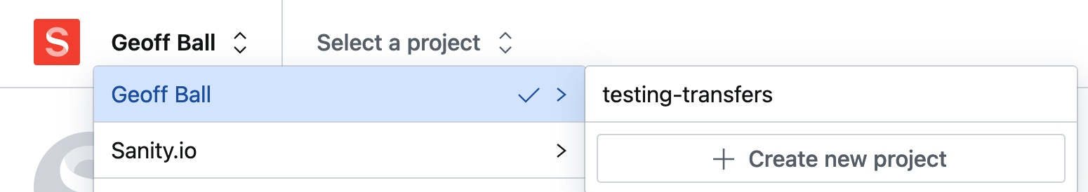 The menu allows you to select a personal project.