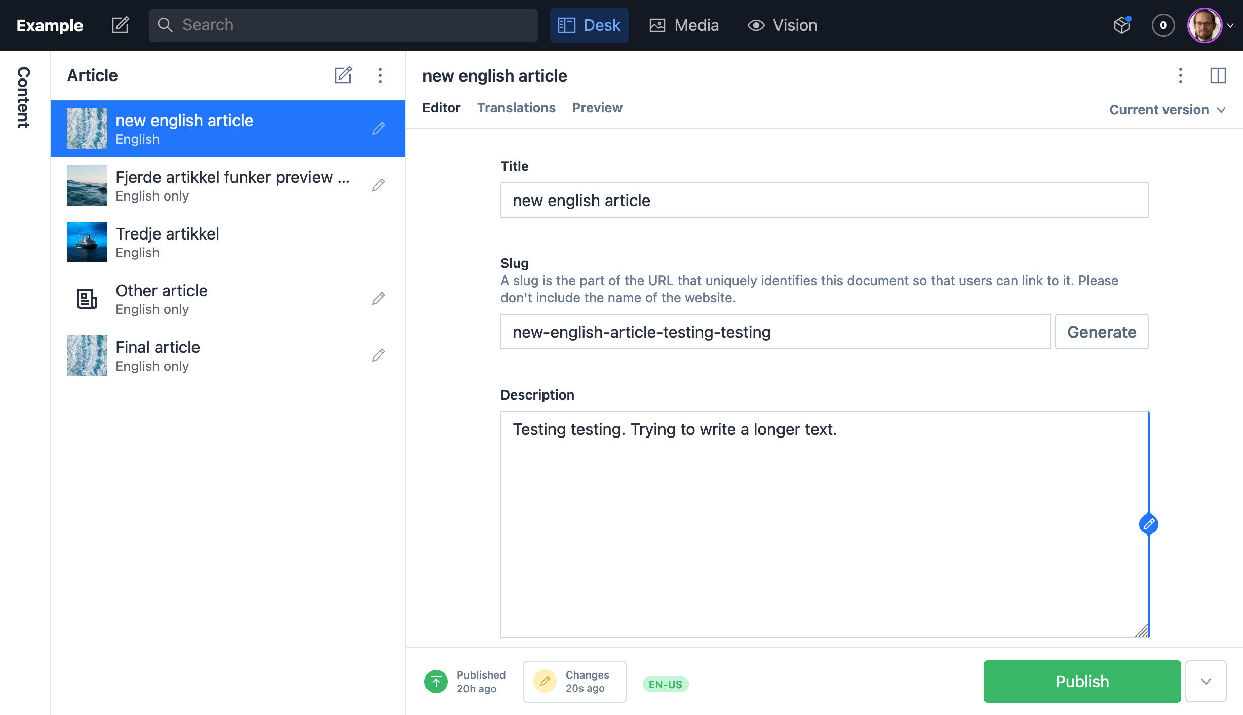 Screenshot of the sanity studio showing an overview of articles and editing one of the articles