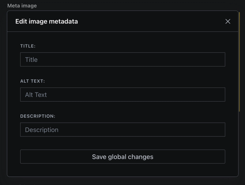 Screenshot of the modal with its fields for title, altText and description