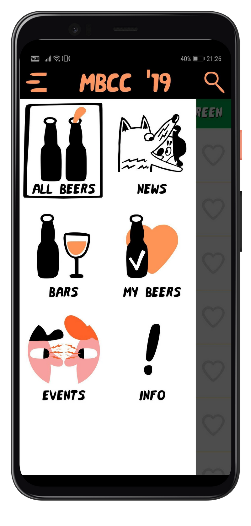 Mobile app menu using Mikkeller's distinct art style, created by Keith Shore