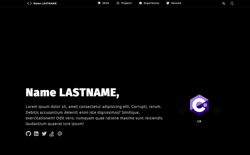 A developer portfolio template featuring a black background with the game name and last name.	