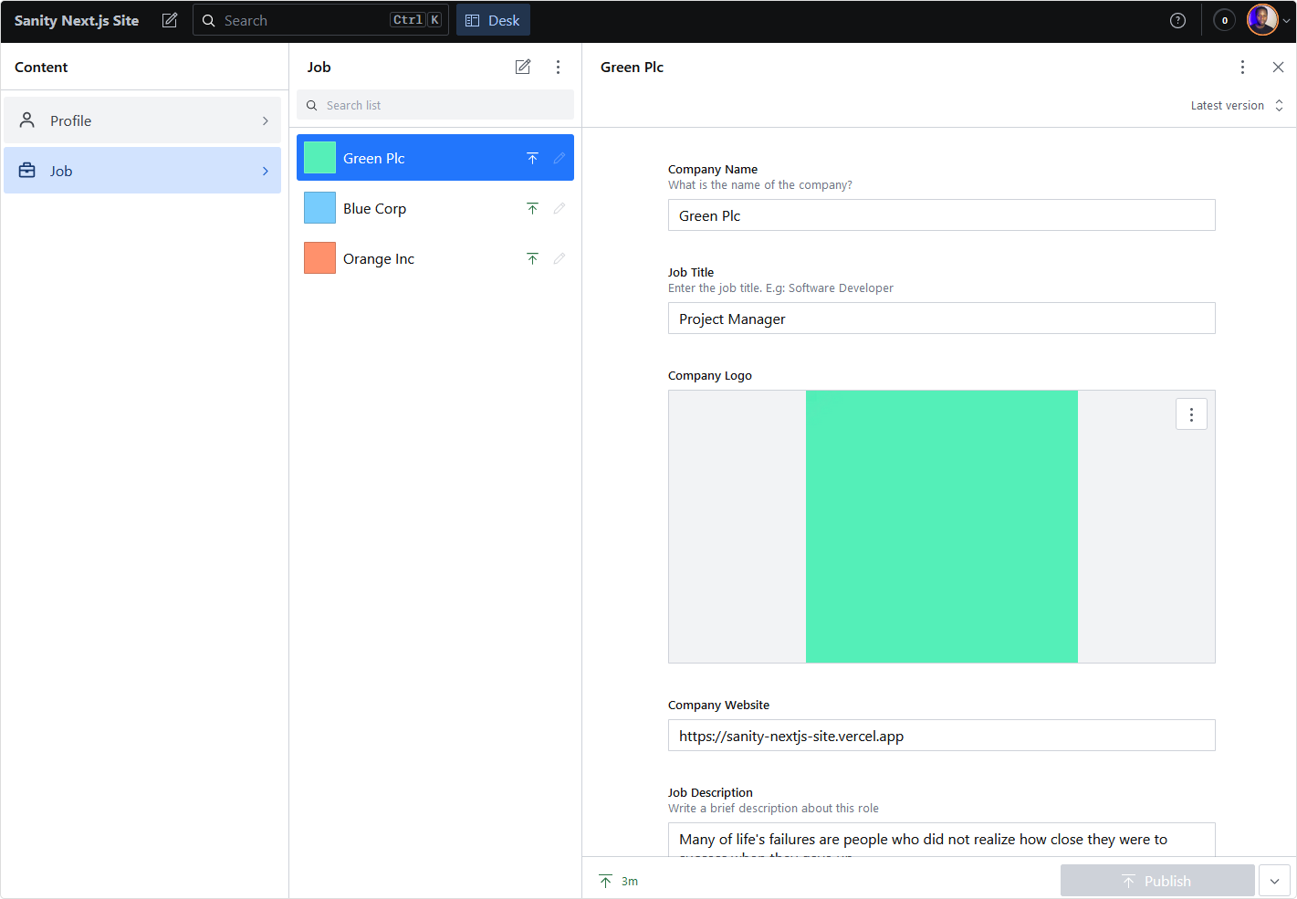 job schema fields in sanity studio