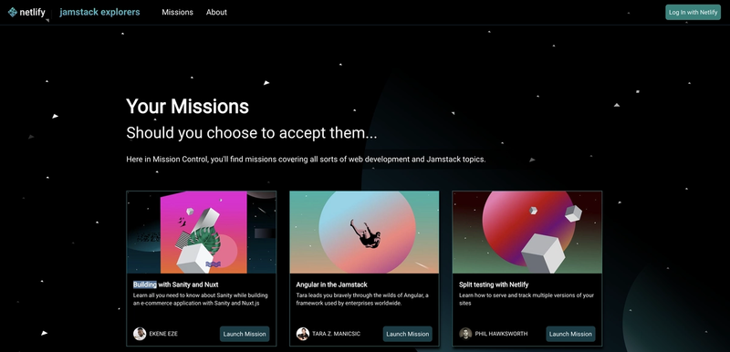 The "Missions" page showcasing the latest courses to learn Jamstack tools.