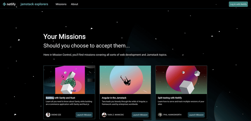 The "Missions" page showcasing the latest courses to learn Jamstack tools.